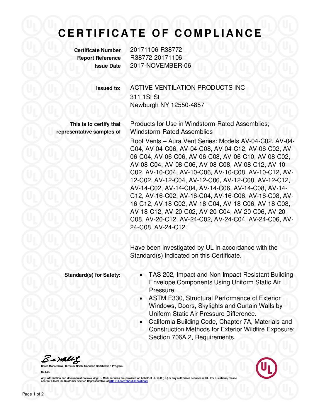 UL Certificate of Compliance Active Ventilation Aura Vents